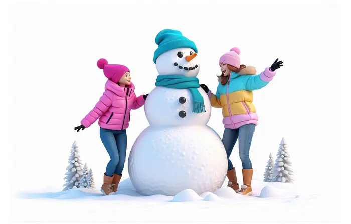 Cute Girls in Winter Playing with a Snowman 3D Illustration image